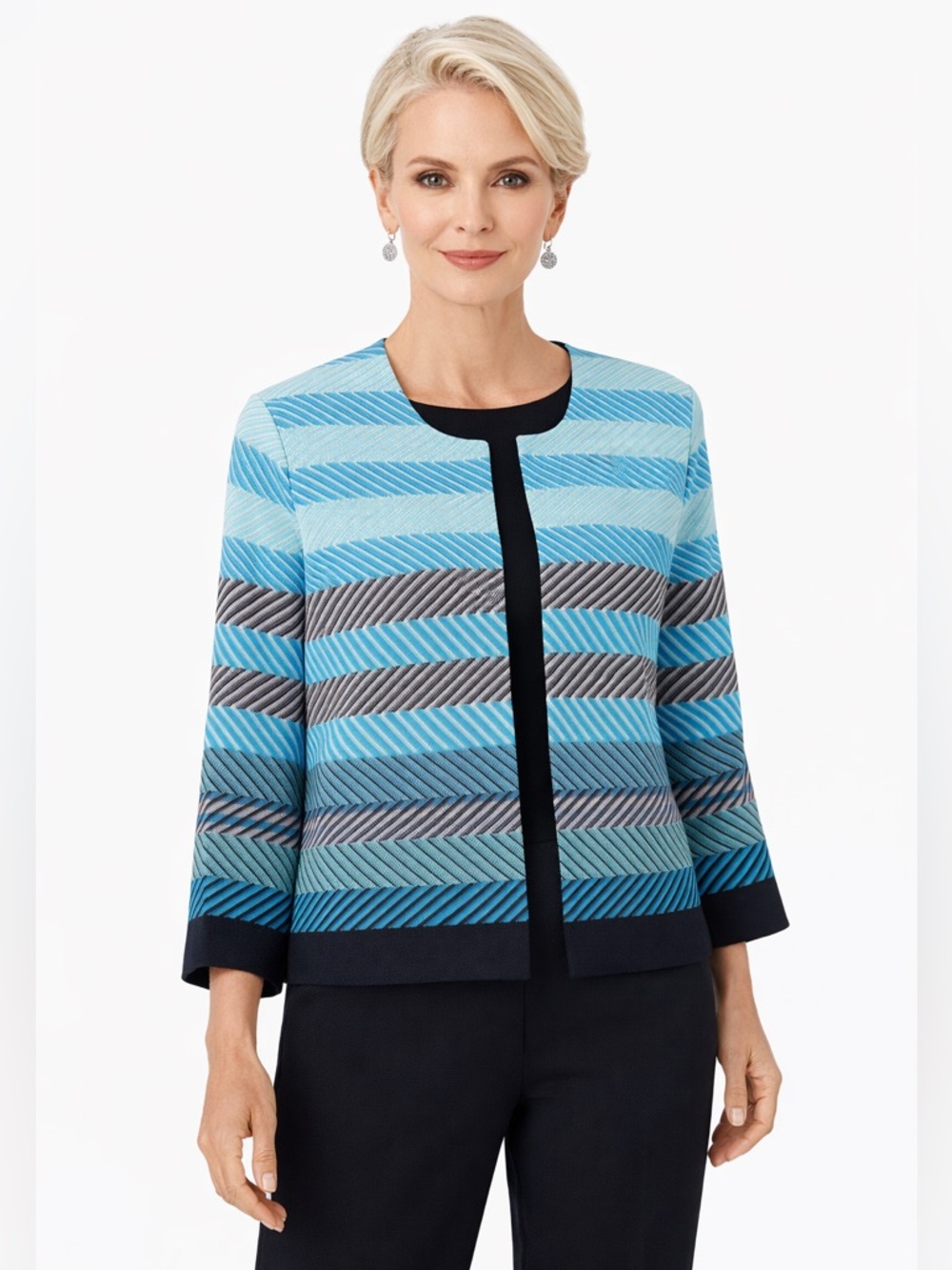 Misook Knit Blazer Jacket L Blue Chevron Stripe Hook Front Career Office